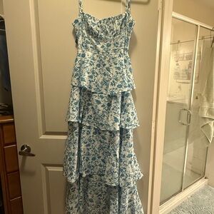 Blue and White Floral Tiered Dress